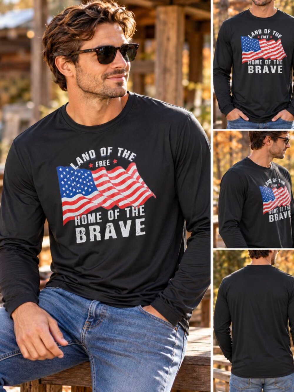 Land of the Free Home of the Brave Black Long Sleeve Shirt USA Flag Mens L